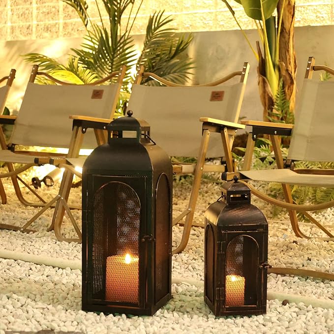 DECORKEY Luxury Lantern Decorative Outdoor & Indoor, Set of 2 (19’’&13’’) Metal Candle Lanterns