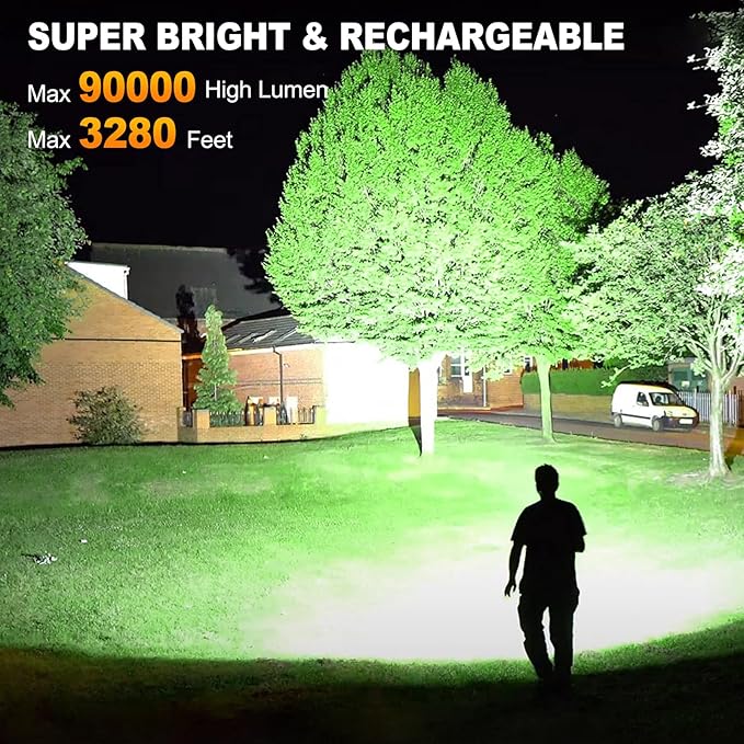 Rechargeable Flashlights 90000 High Lumen, 10000 ɱAh ?ATTERY LED Flashlight with Cob-Light for