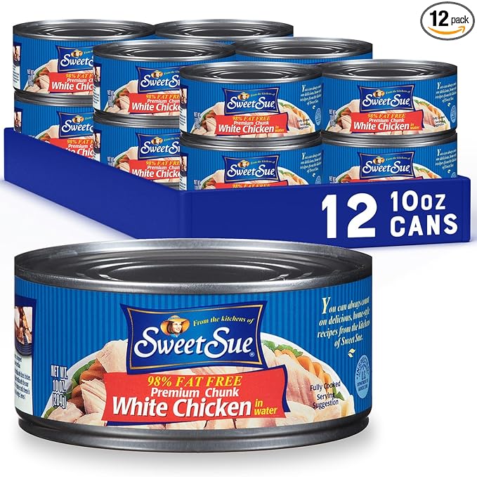 Sweet Sue Chunk White Chicken in Water, 10 oz Can (Pack of 12) - 11g Protein per Serving, 98% Fat