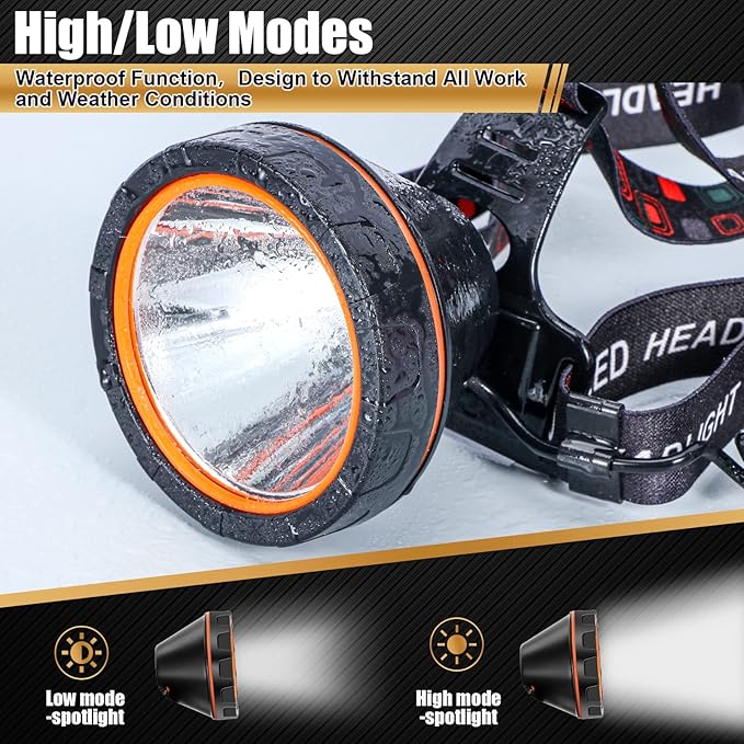 LED Rechargeable Headlamp, Super Bright Waterproof Headlight Spotlight, Hard Hat Flashlight for