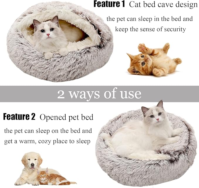 Calming Dog Beds & Cat Cave Bed with Hooded Cover,Removable Washable Round Beds for Small Medium