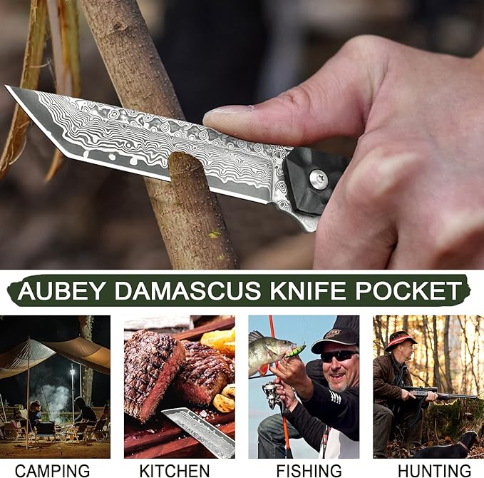 AUBEY Damascus Pocket Knife, Tanto VG10 Core Damascus Steel Folding Knives with Ball Bearing