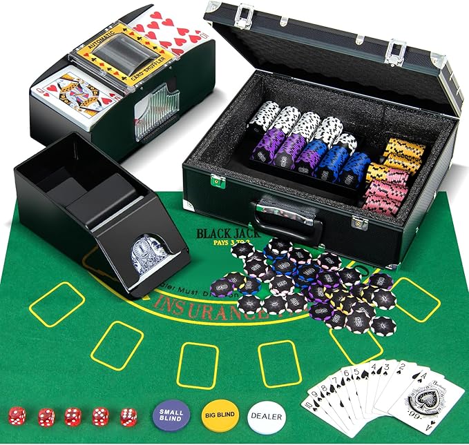 Goplus Poker Chip Set, 300 PCS 14 Gram Clay Poker Chips w/Case, Automatic Card Shuffler, 2 Decks