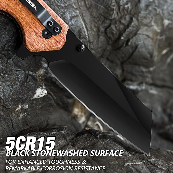 FLISSA Folding Knife, 4-3/4" Reverse Tanto Folding Pocket Knife, Black Stonewash Blade, Wood