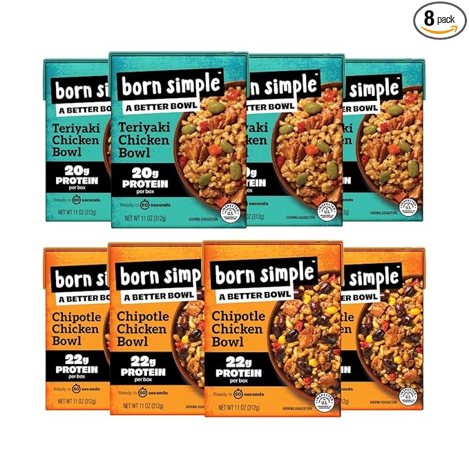 Born Simple Ready to Eat Meals, Variety Pack |Includes 4 Teriyaki Chicken & 4 Chipotle Chicken