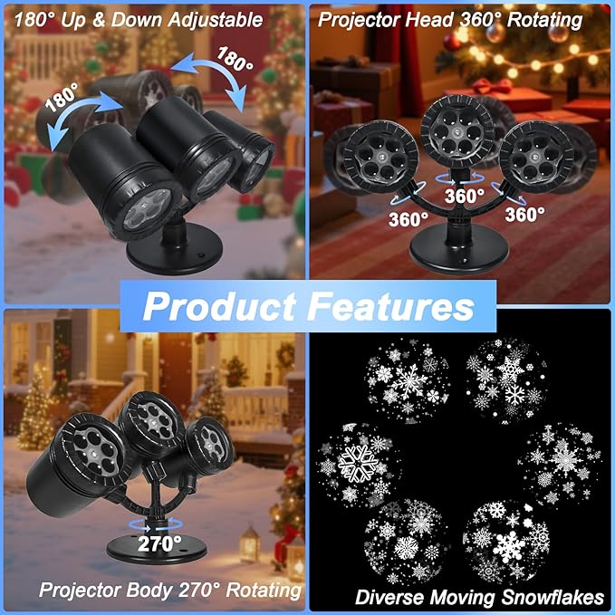 Snowflake Christmas Projector Lights Outdoor, [Timer] Triple Head Snowflake Projector Light
