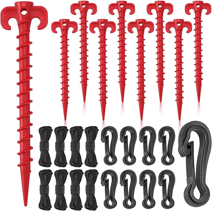 AUGSUN 27 Pieces Plastic Inflatable Stakes Set, Include Tent Stakes, Tethers Ropes and Hooks Heavy