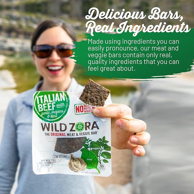 Wild Zora Meat & Veggie Bars, Variety 5-Pack, Natural Pork, Beef, Lamb, & Turkey Jerky Snacks