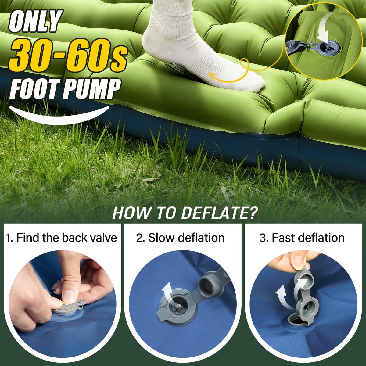 Yuzonc Double Sleeping Pad - Self Inflating 4" Extra-Thick for 2 Person with Pillow Built-in Foot