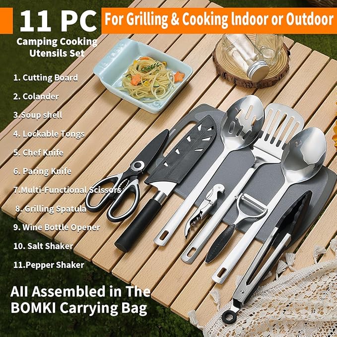 Evanda Camping Kitchen Cooking Utensil Set 10 Piece, Stainless Steel Outdoor Cooking and Grilling