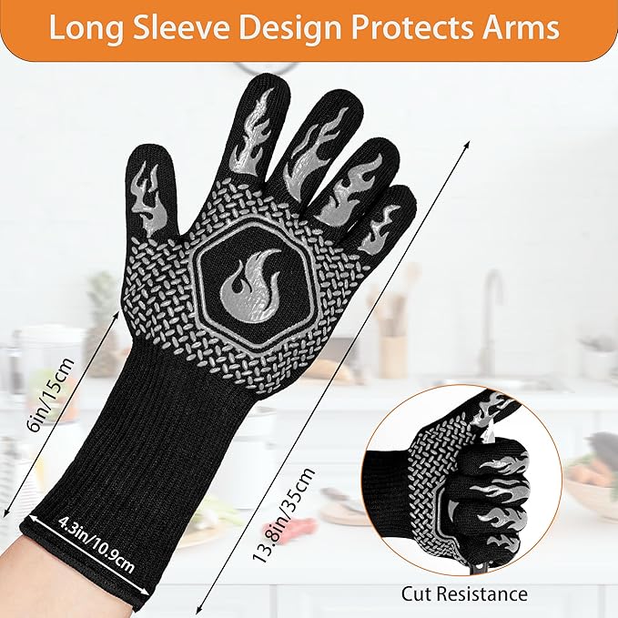 BBQ Fireproof Gloves, Grill Cut-Resistant Gloves 1472°F Heat Resistant Gloves, Non-Slip Silicone