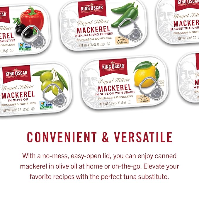 King Oscar Mackerel in Olive Oil, 4.05 Ounce Can (Pack of 6, Packaging May Vary), Skinless &