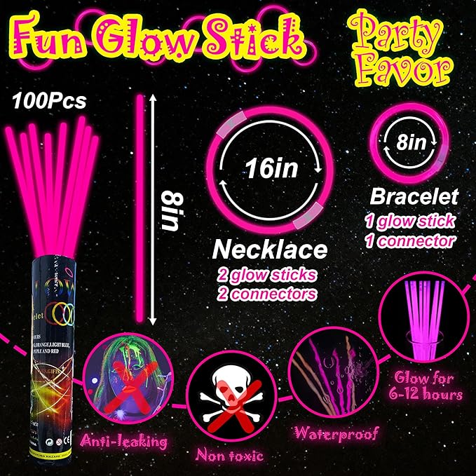 ILHSTY 100 pk 8'' Pink Glow Sticks Glow Necklaces In The Dark Party Favors Supplies Bright