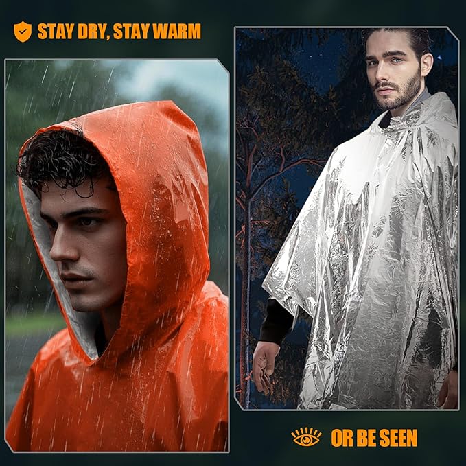 4 Pack Emergency Ponchos with Thickened Mylar Blanket Lining, Windproof, Waterproof, and Thermal