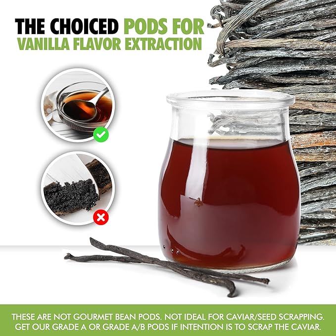 8oz Organic Madagascar Vanilla Beans Grade B for Extract. Certified USDA Organic. 5"-7" by