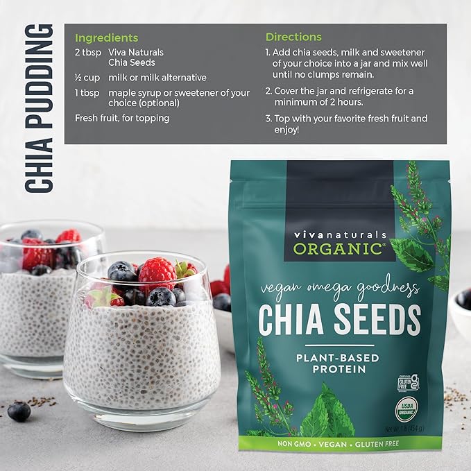 Viva Naturals Organic Chia Seeds, 1 lb (454 g) – Plant-Based Omega-3 and Vegan Protein, Gluten Free