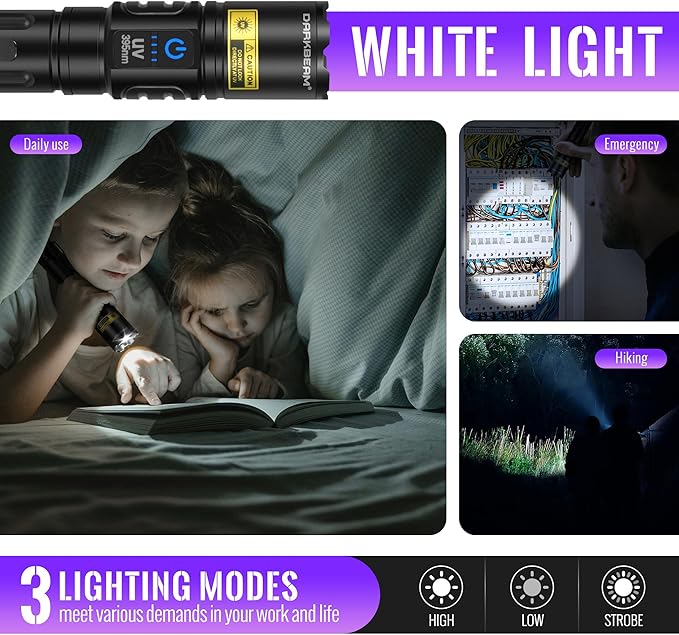 DARKBEAM UV Flashlight Blacklight 395nm Black Light, High Lumens LED Flashlights USB Rechargeable