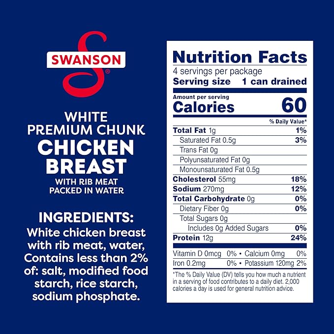 Swanson White Premium Chunk Chicken Breast with Rib Meat in Water, 4.5 oz. (Pack of 4) 48 qty.
