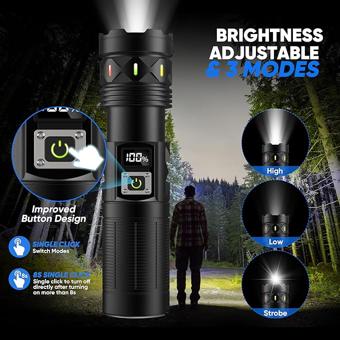 Flashlights High Lumens 3000 Rechargeable Long Range, Super Bright LED Flashlight Long Running 15H