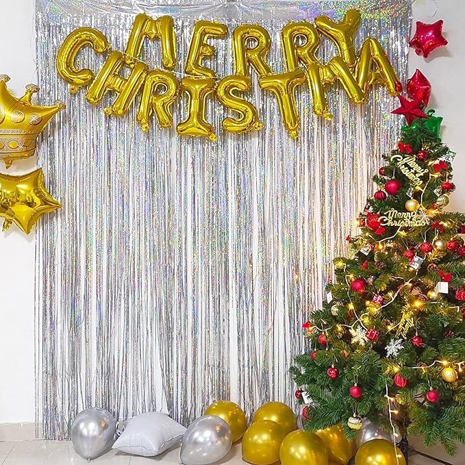 BRAVESHINE Silver Streamers Party Backdrop Decorations - 2Pcs 3.2x8.2ft Tinsel Foil Fringe Curtain