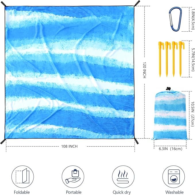 Beach Blanket Waterproof Sandproof Beach Mat 79" X 83"/10'x9'for 2-8 Adults Quick Drying Outdoor