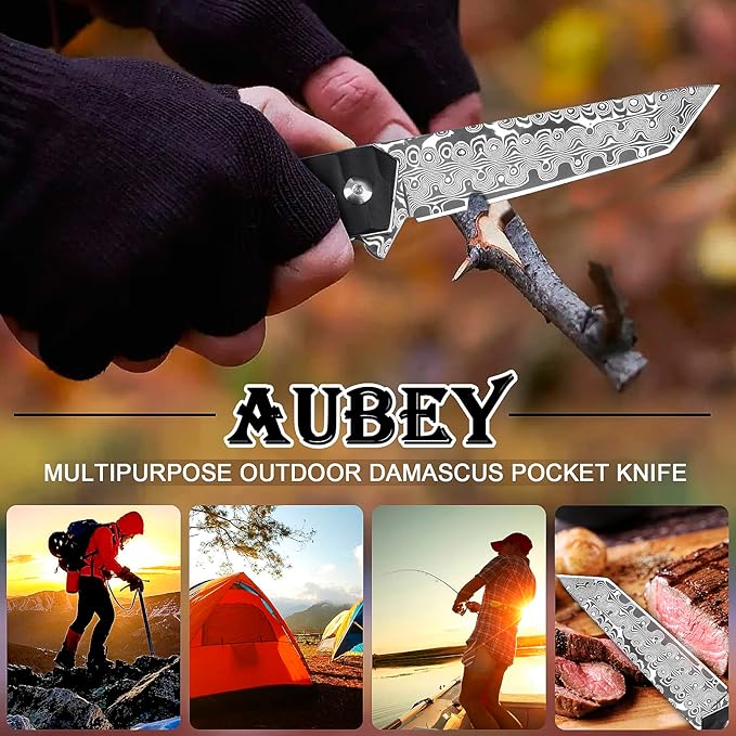 AUBEY Damascus Pocket Knife with Clip, Tanto Blade Damascus Steel Folding Knives for Men Tactical
