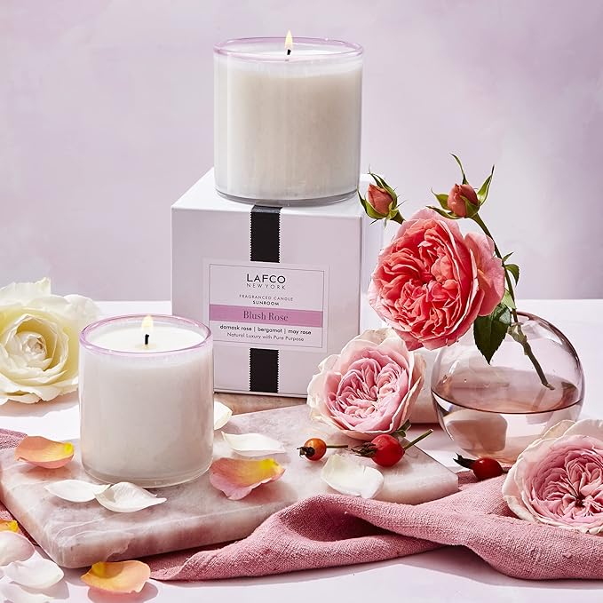 LAFCO New York Classic Candle, Blush Rose - 6.5 oz - 50-Hour Burn Time - Reusable, Hand Blown Glass
