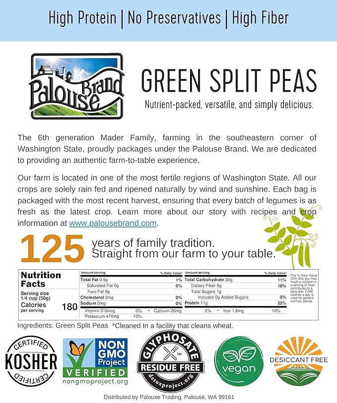 Palouse Brand Certified Glyphosate Residue Free Split Peas | Green | 25 LBS | Family Farmed in