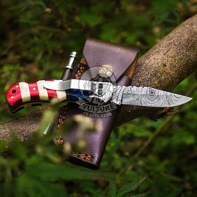 Damascus Steel Pocket Knife with Clip and Leather Sheath - EDC Knife for Outdoor and Camping