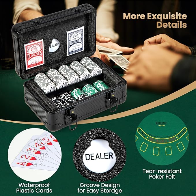 Goplus Poker Chip Set, 300 PCS Chips, 2 Decks Cards, Dealer Button, Poker Felt, Aluminum Case for