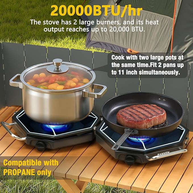Camping Stove Propane, 2 Burner Camp Stove, 20,000 BTU Propane Camping Stoves, Portable Gas Stove