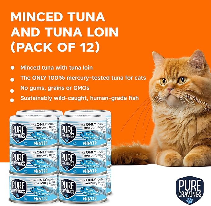 Pure Cravings Minced Tuna and Tuna Loin Wet Canned Cat Food, 100% Mercury-Tested, Moist Can Fish