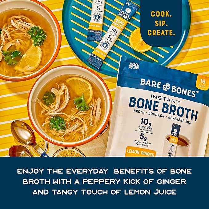 Bare Bones Bone Broth Instant Powdered Mix, Lemon Ginger, Pack of 16, 15g Sticks, 10g Protein, Keto