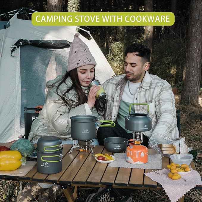 Camping Cookware Mess Kit, 16 pcs Backpacking Cooking Set, Lightweight Camping Pots and Stove Set