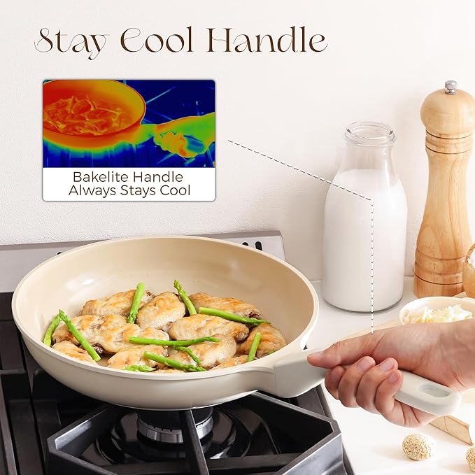 PRICUSIS Nonstick Ceramic Frying Pan with Lid, 8/10 Inch Skillet with Stay Cool Handle, Fully