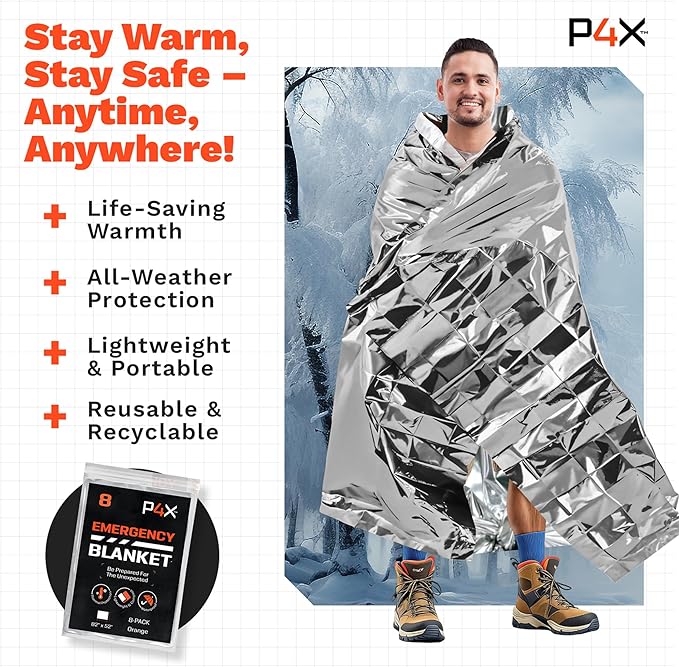PREPARED4X Mylar Blankets 8 Pack - Waterproof Emergency Blanket - Rip and Tear Resistant