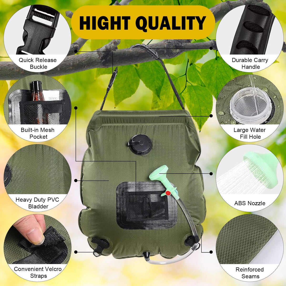 KIPIDA Solar Shower Bag | 5 Gal/20L Solar Heating Camping Shower Bag | Removable Hose | On-Off