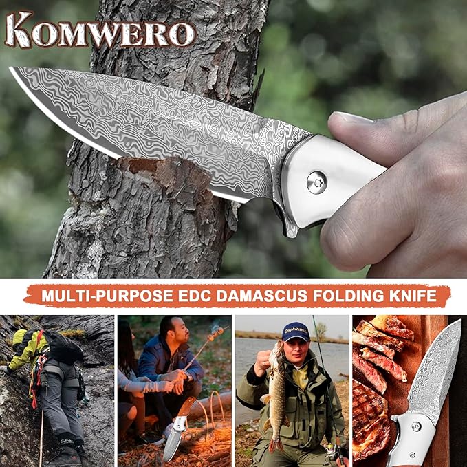 KOMWERO Damascus Pocket Knife with Clip for Men, VG10 Damascus Steel Folding Knives, EDC Damascus