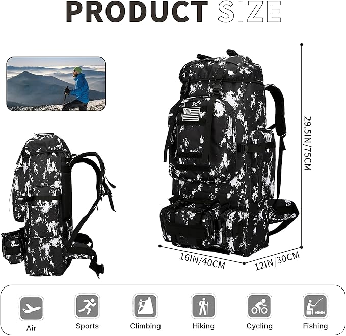 King'sGuard 100L Camping Hiking Backpack Molle Rucksack Military Camping Backpacking Daypack (Black