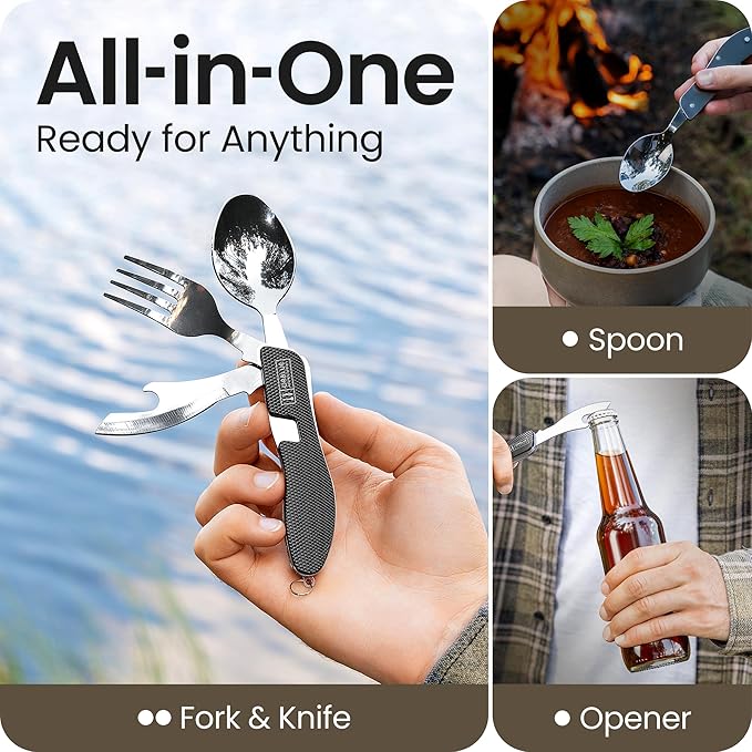Orblue 4-in-1 Camping Utensils, 1-Pack, Portable Stainless Steel Spoon, Fork, Knife & Bottle Opener