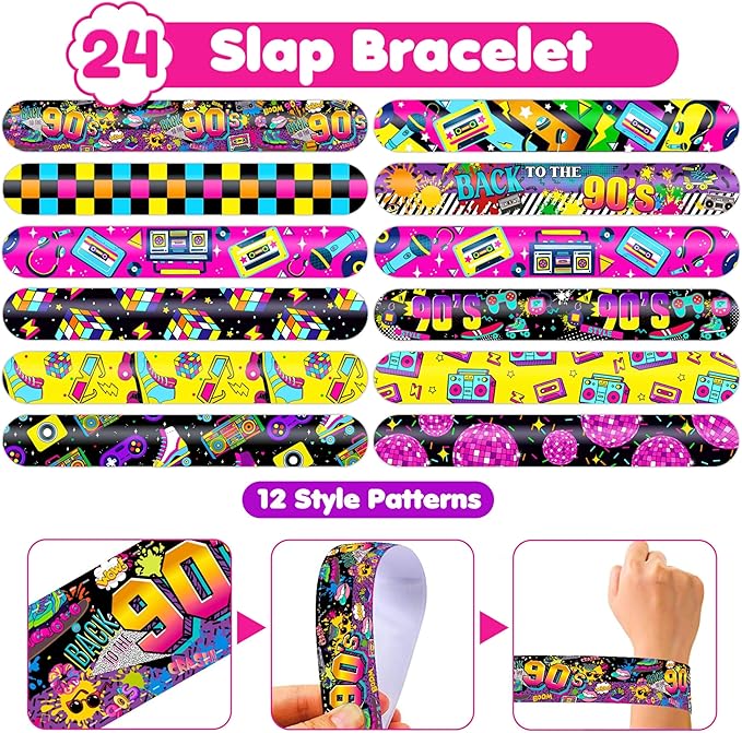 72PCS 90s & 80s Party Favors - 48PCS Pre-Cut Tattoos & 24PCS Slap Bracelets, Retro 90s Birthday