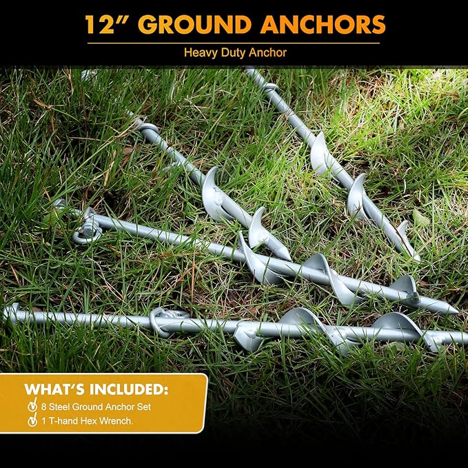 Zhengmy 8 Pcs Ground Anchors Screw in, 12 Inch Heavy Duty Tent Stakes with Trampoline Anchor Hook