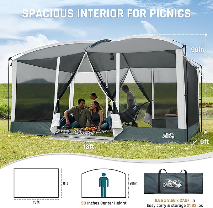 Screen House Tent 13x9ft Screen Room Mesh Gazebos w/ 2 Magnetic Doors, Included Projection Screen