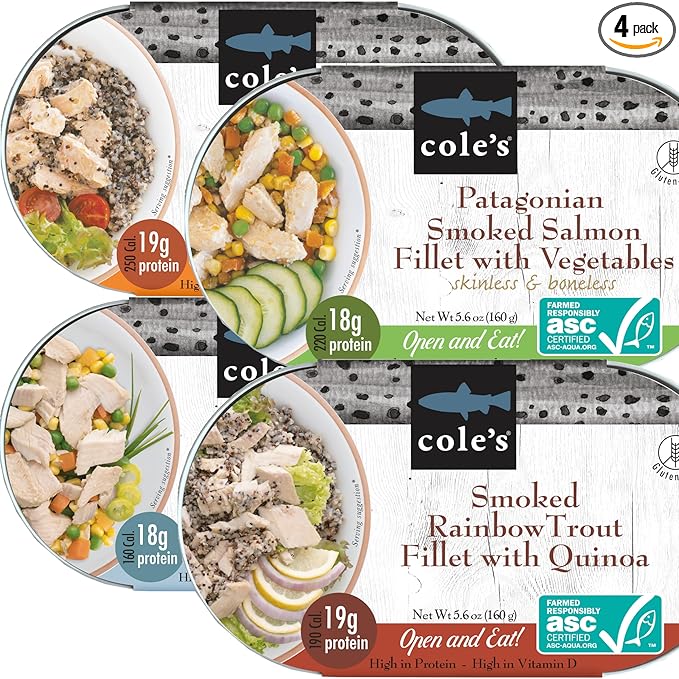 COLE’S Open & Eat Meals Variety Pack | 5.6 oz Hand-Packed Smoked Salmon & Trout with Quinoa &
