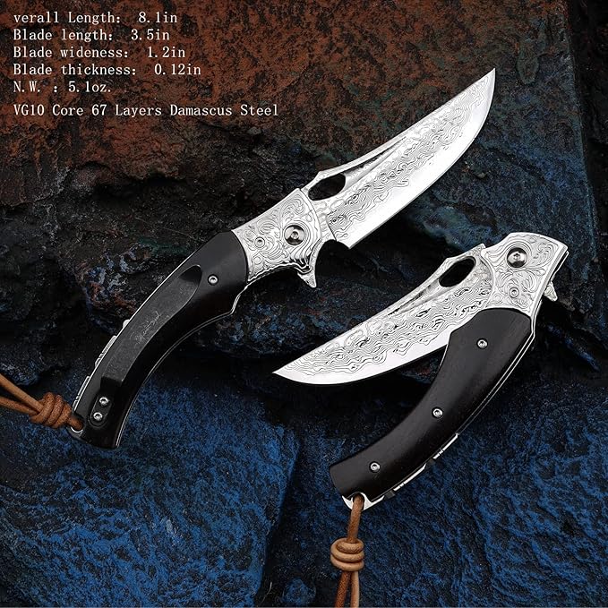 3.5 inch Japanese VG10 Damascus Steel Outdoor Folding Knife with Black Wood Handle, Lined Lock, EDC