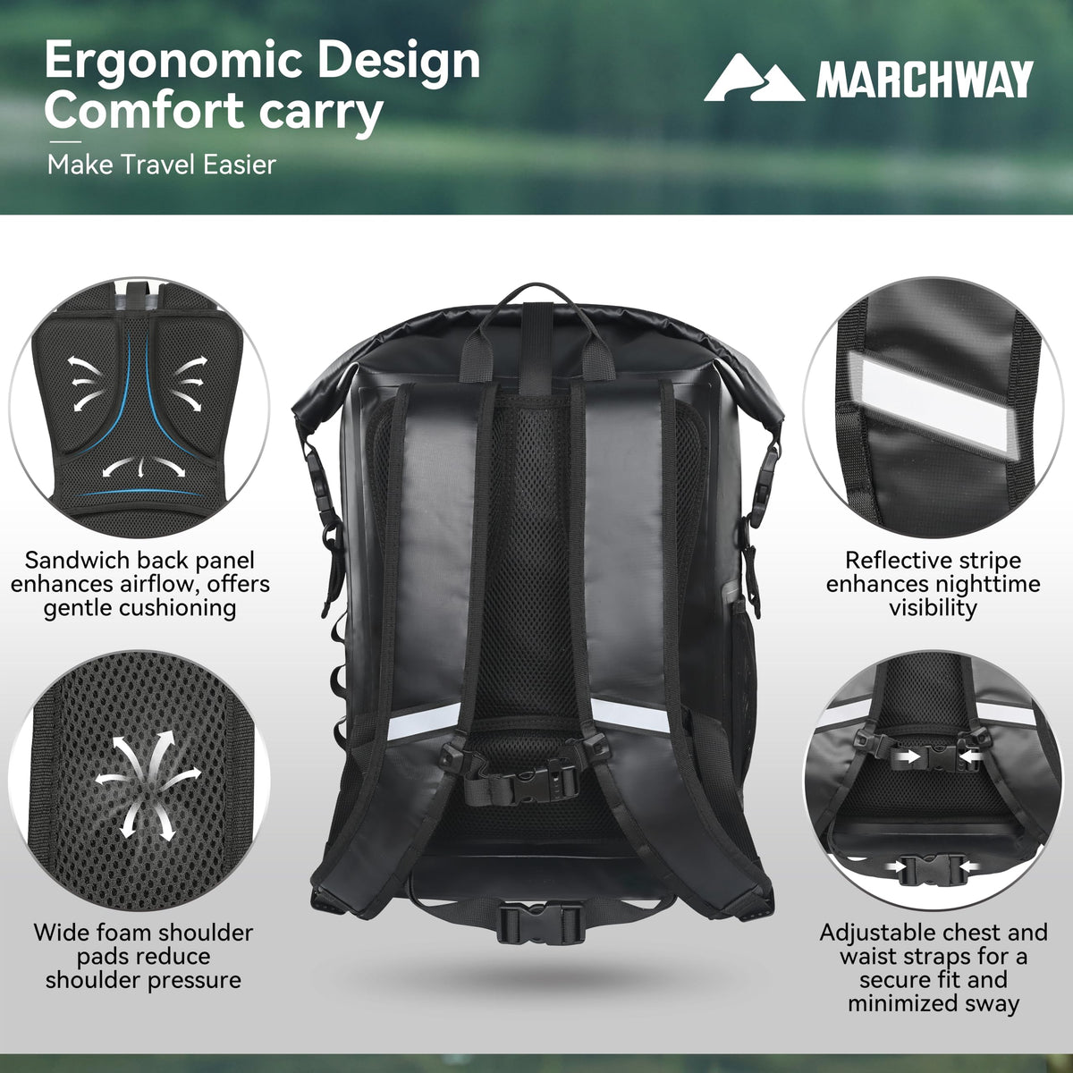 MARCHWAY Roll Top Waterproof Backpack, Floating Dry Bag 20L/30L/45L with Ergonomic Rectangular