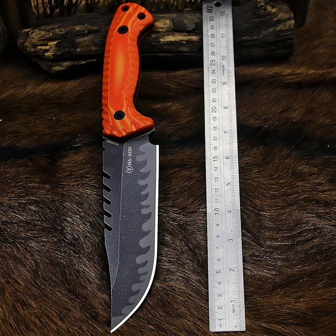 BA-KOR 12.4in Full Tang Fixed Blade Hunting Knife ??6mm 9CR18MoV Steel, G10 Handle, Stonewashed