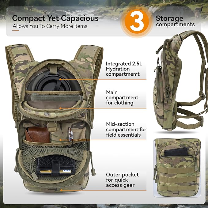 MARCHWAY Tactical Molle Hydration Pack with 2.5L TPU Water Bladder, Low-Profile Organized Military