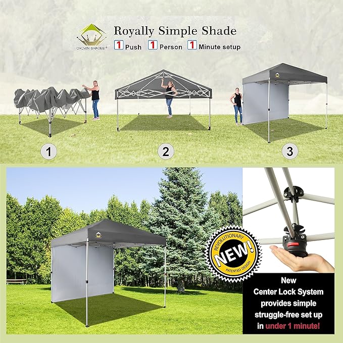 CROWN SHADES 8x8 Pop Up Canopy with 1 Side Wall - Beach Tent with One Push Setup - Outdoor Sun