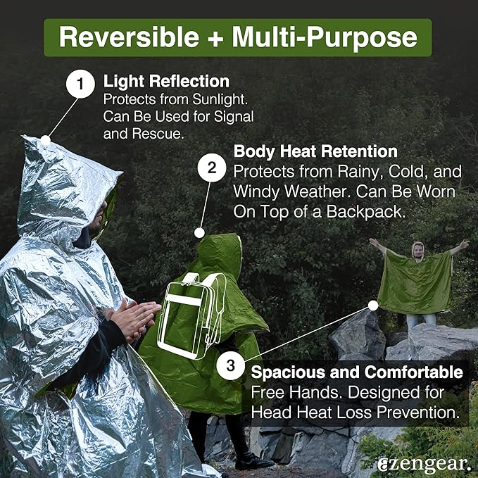 aZengear Emergency Survival Poncho (4pc) Thermal Mylar Foil Blanket for Heat Retention and Rain |